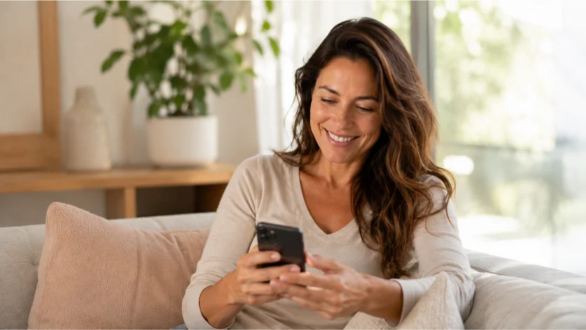 Happy customer chatting on smartphone
